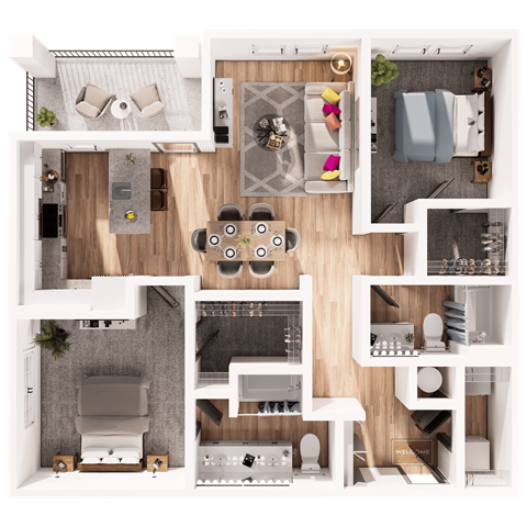 a 3d floor plan of a house with a bedroom and living room